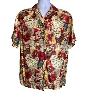 Vintage Jack Mulqueen Mens Button Up Shirt Sz‎ S 100% Silk Floral Postcard Print